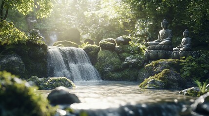 Small cascading waterfall in a serene forest, Buddhist statues nearby, moss-covered rocks, sunlight filtering through leaves, peaceful nature scene