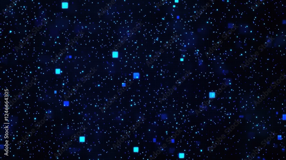 Poster glowing blue squares and particles floating in digital space