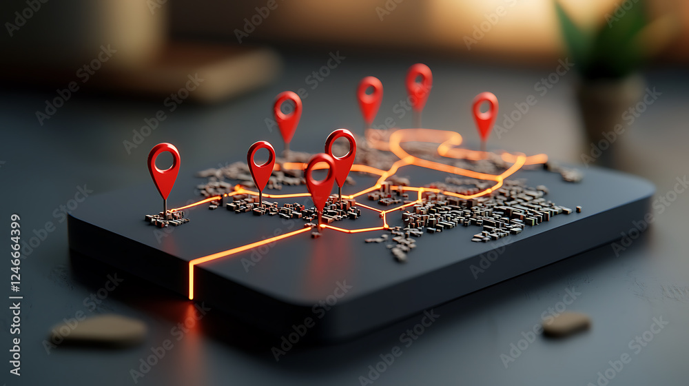 Poster mapping connections interactive digital map with pinpoint locations modern workspace creative enviro