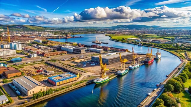 Belfast Titanic Quarter Shipyard Aerial View: Historic Dry Dock & Cranes