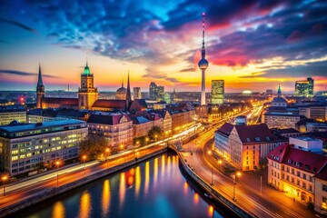 Obraz premium Berlin Skyline Night Photography Bokeh Lights Cityscape Germany