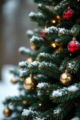 Snowy pine garland wrapped around wooden tree trunk, tree ornaments, festive garlands