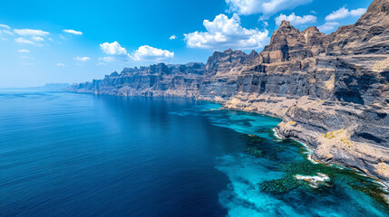 Obraz premium Breathtaking aerial view of coastal landscape with cliffs and blue waters