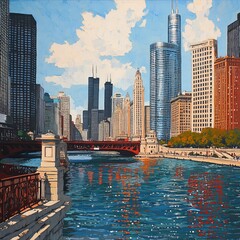 Naklejka premium City view over river in Chicago