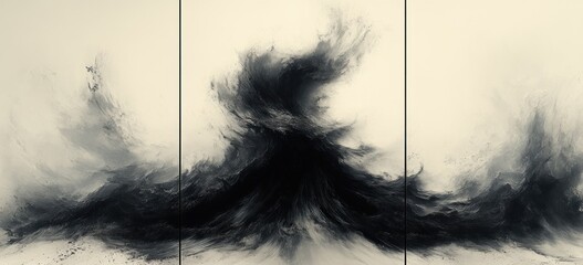 Fototapeta premium Abstract Japanese Ink Wash Triptych Painting Bold Black Brush Strokes White Background Modern Art