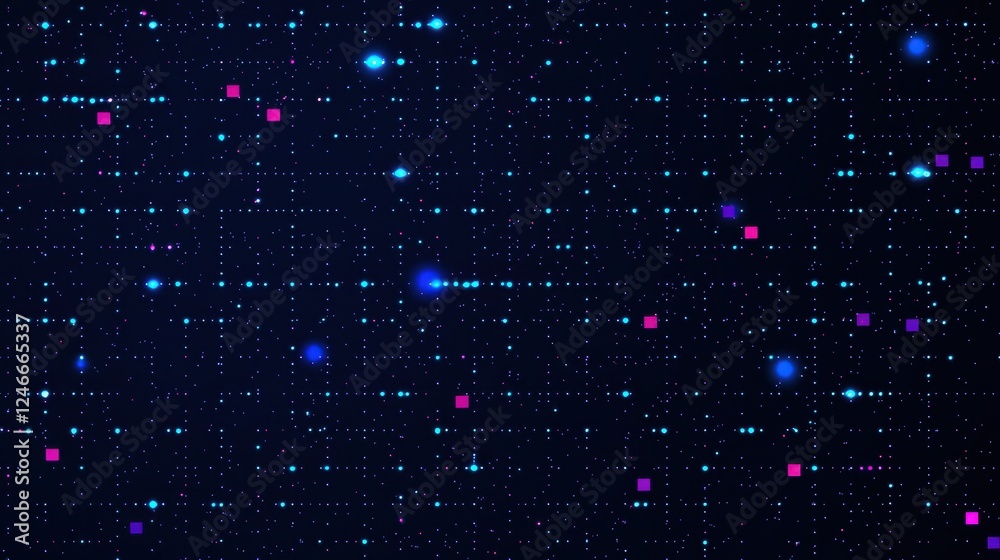 Poster Glowing digital particles and pixel dots creating a futuristic background