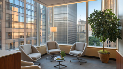 Fototapeta premium Modern office lounge with comfortable chairs, large windows, and greenery