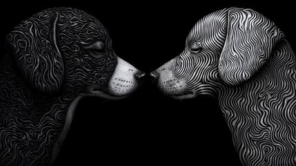 Monochrome Canine Art Abstract Dogs Embracing in Artistic Symmetry Digital Artwork Black Background Emotional Connection