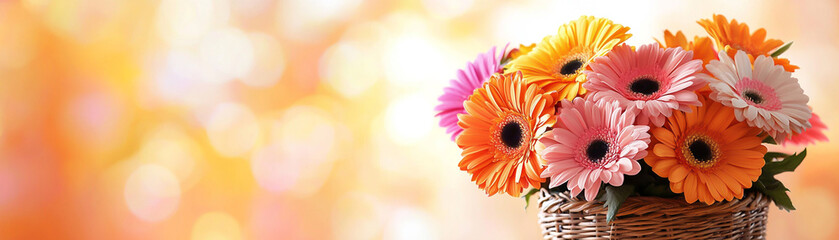 A beautiful arrangement of colorful flowers in a woven basket, brightening any space.