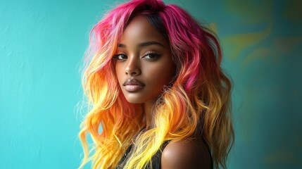 Fototapeta premium Striking hair cascades in vibrant shades of pink and yellow, beautifully framing a confident individual. The vivid backdrop enhances the artistic flair of this unique hairstyle