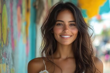 Fototapeta premium portrait of a joyful latin american woman with long hair and warm features brightly lit against a vibrant backdrop exuding happiness and warmth