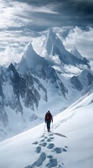 A person in winter and a backpack is walking on the snow-covered mountain
