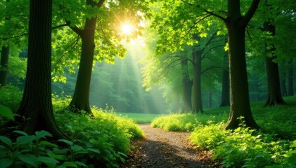 Fototapeta premium Sun-dappled green forest panorama, lush deciduous trees, botanical, peaceful, bright