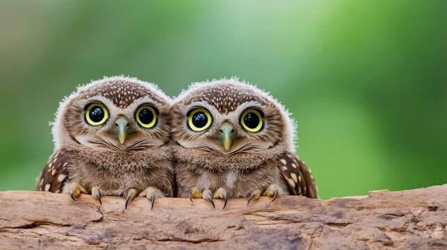 Adorable Baby Owls Perched Together On A Branch With Lush Green Background