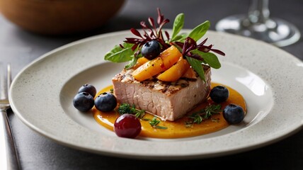 A white plate features a grilled piece of meat or fish, topped with slices of peach, surrounded by blueberries and a drizzle of orange colored sauce, garnished with fresh herbs.