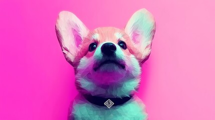Low Poly Puppy Portrait Pink Background Digital Art Playful Atmosphere Close-Up View Whimsical Concept
