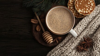 Cozy coffee and pancakes with honey on a winter table