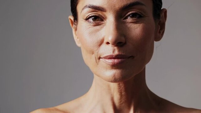 Mature woman revealing nuanced facial expressions, capturing authentic emotions and natural beauty through slow motion video sequence against neutral gray background
