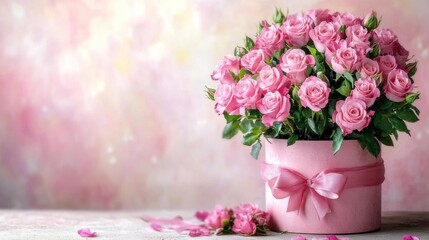 Fototapeta premium Fresh Pink Roses in Round Pink Box with Soft Textured Background