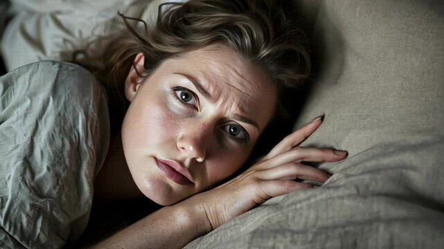 A woman lies in bed with a worried expression, reflecting on her thoughts and feelings in a quiet morning setting