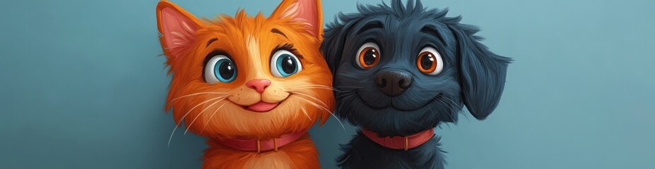 Obraz premium Cute Cat and Dog Banner Surprise Friends Playful Pets on Blue Background