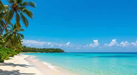 A Beautiful Sea Background with a Blue Sky, Sandy Beach Shore, and Waves Splashing Gently Against the Coast, Perfect for a Tropical Island Vacation, Nature Travel, and Relaxing Summer Holidays
