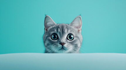 Adorable gray kitten peeking over a soft surface
