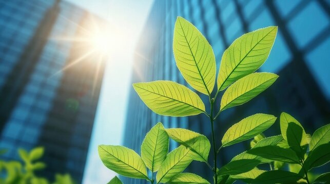 Sunlight filtering through green leaves in front of office building
