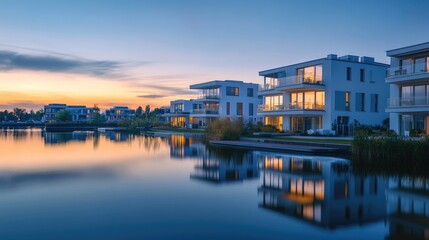 Naklejka premium Twilight urban scene with sleek apartments and tranquil water, creating a picturesque atmosphere