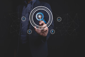 Businessman searching for digital data with futuristic technology overlay