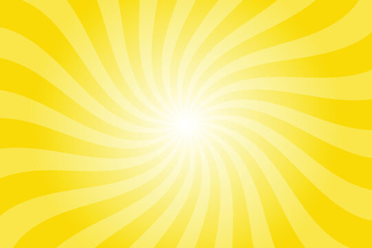 Abstract sizzling sunrise yellow background with rays retro starburst. Radial spiral stripes backdrop. Vintage sun beam texture. Sun rays pattern. Groovy retro swirl burst. Summer carnival background
