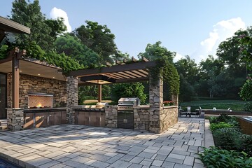 Fototapeta premium Outdoor patio with stone terrace and fireplace.