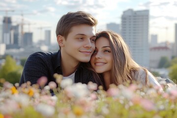 Naklejka premium Young Couple Enjoying a Romantic Moment in a Blooming Urban Landscape