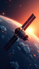 Spacecraft with satellite in orbit around the Earth at sunset, astronomical phenomena, satellite