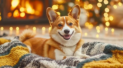 Cozy Corgi by the Fireplace Celebrating Christmas Indoor Pet Photography Warm Atmosphere Close-up Festive Vibes