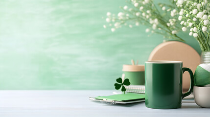 Green coffee mug with festive shamrock decor, placed on a pastel green desk with office supplies. Ideal for St. Patricks Day themes, branding, or cozy workspace concepts. Selective focus