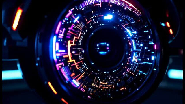Cyberpunk Futuristic Camera Lens Closeup Neon Lights