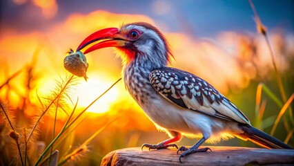 Obraz premium Botswana Wildlife: Red-billed Hornbill Devouring Mouse - Double Exposure Photography