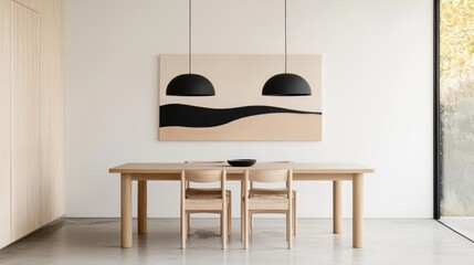 Minimalist dining room with abstract art, autumn view
