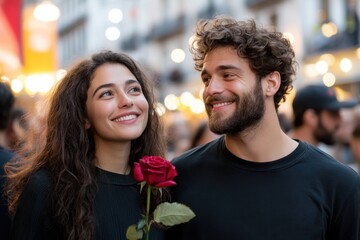 A joyful couple smiles at each other while holding a red rose, symbolizing love, connection, and the beauty of romantic moments shared in a lively outdoor setting.