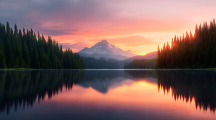 Serene Mountain Reflection at Dawn in a Peaceful Nature Setting