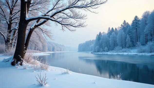 Snowy forest landscape with bare tree branches and frozen lake, forest, trees, eildon hills
