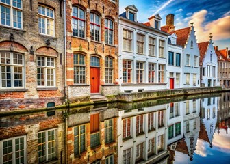 Naklejka premium Bruges Canal & White House Macro Photography - Belgian Architecture Detail
