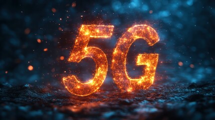 5G Technology Glow Text Design with Dramatic Blue Rays and Abstract Background