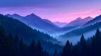 Naklejka premium Serene Mountain Landscape at Dusk with Misty Valleys and Pines