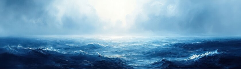 Fototapeta premium Dreamy abstract blue background with serene white haze border and textured grunge bottom in soft pastel shades