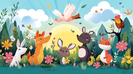 Naklejka premium Joyful Forest Animals at Sunrise: A Vibrant Children's Illustration AI Generated