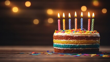 Colorful Birthday Cake with Candles and Festive Decorations