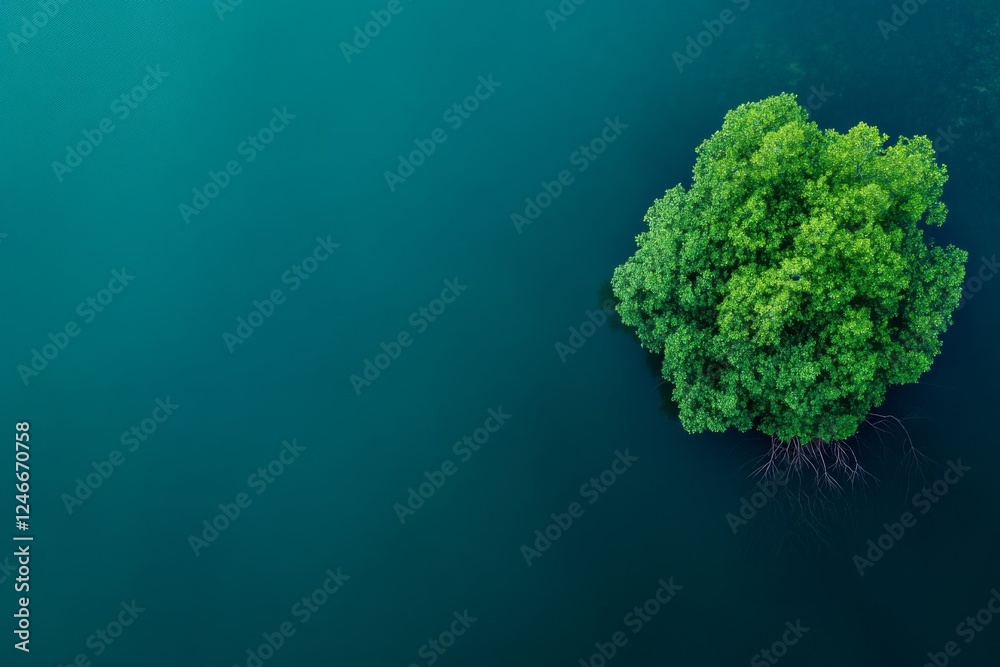 Poster aerial perspective reveals a vibrant mangrove forest surrounded by tranquil blue waters, emphasizing