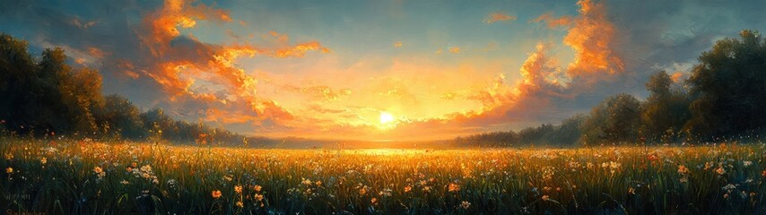 Naklejka premium Lush Green Meadow at Sunset Peaceful Landscape Impressionistic View